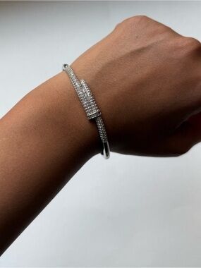18K Silver Plated Nail Bangle Bracelet with CZ Pave | Luxury Statement Jewelry